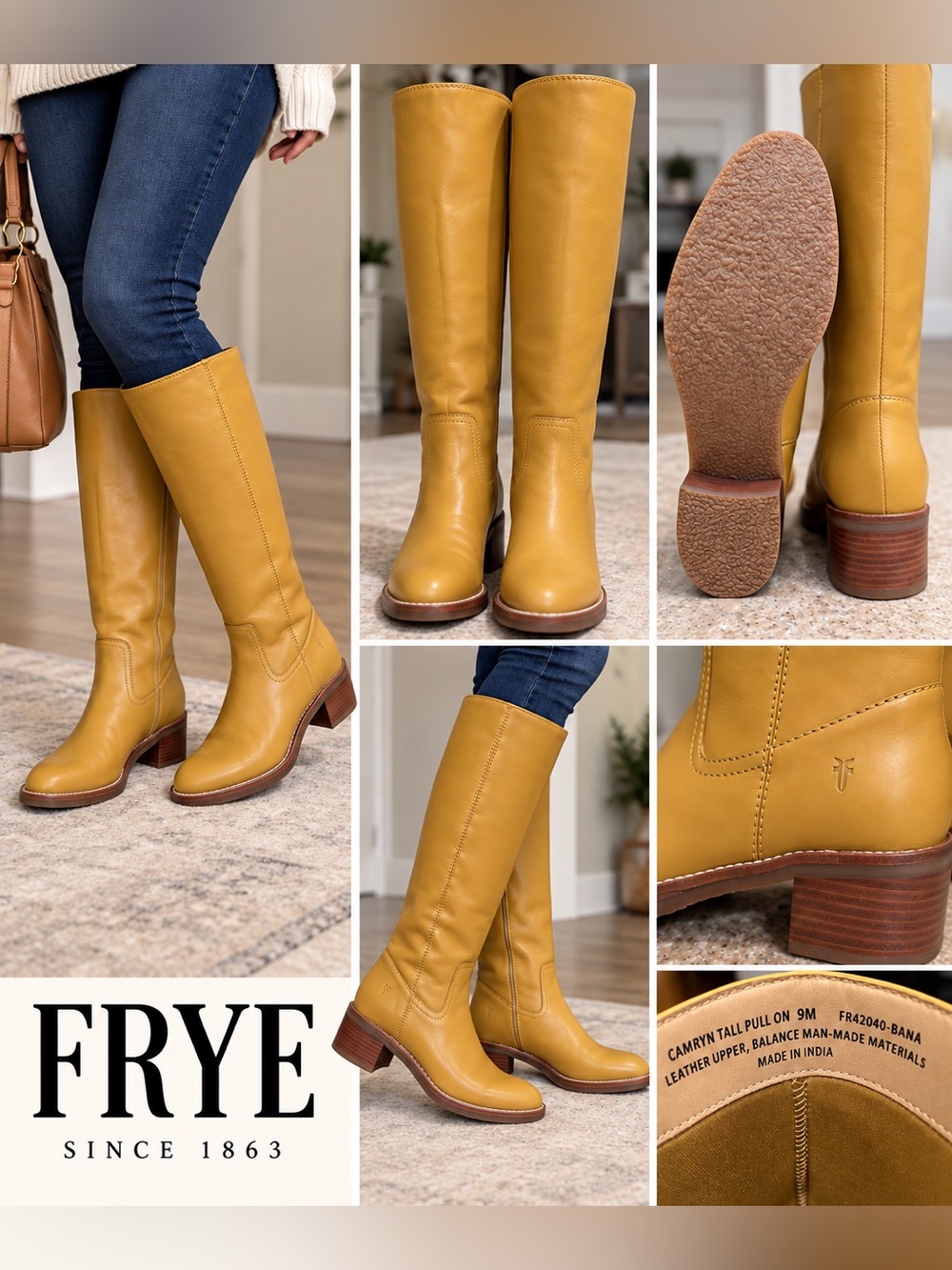 Frye Women’s Tall Leather Pull-On Boots in Mustard, Size 9